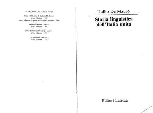 del Mauro: Storia Linguistica Dell'Italia Unita (Paperback, 1993, Laterza)