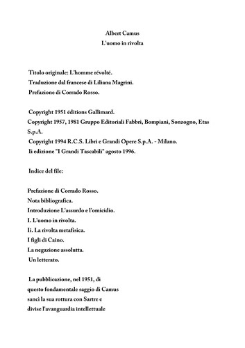 Albert Camus: L'uomo in rivolta (Italian language, 2002, Bompiani)