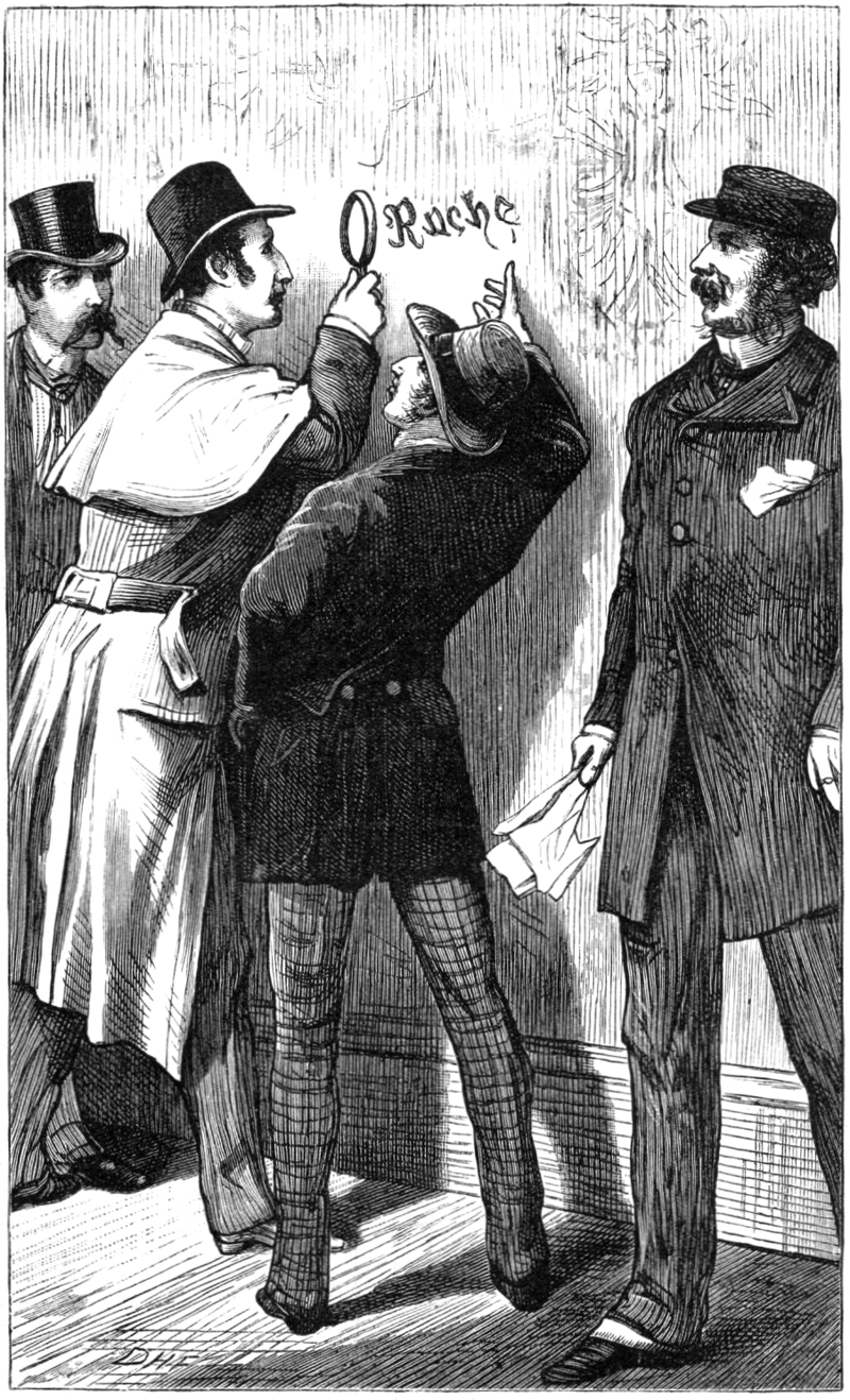 Original illustration of Holmes with magnifying glass, by David Henry Friston. Left to right: Watson, Holmes, Lestrade, Gregson