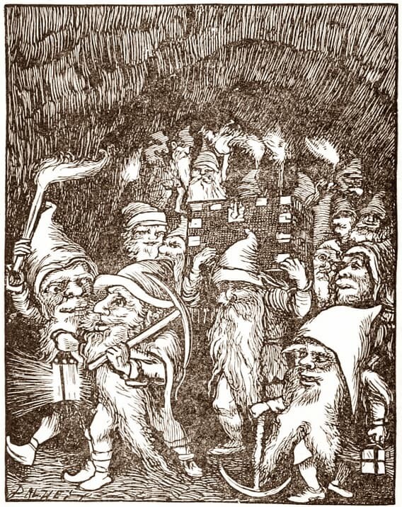 Illustration of the Cornish Knockers, a black and white drawing of gnome-style little men. They hold torches and lanterns.
On the lower left corner there is a signature, but I couldn't find the artist name.