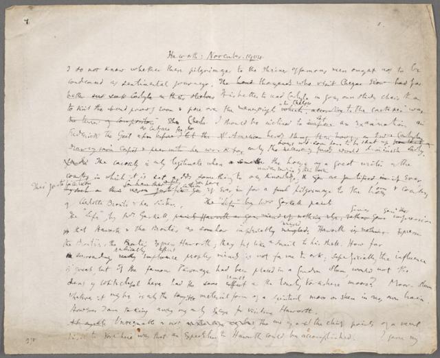 This is the draft of the essay, which appeared in The Guardian in December 1904. Woolf opens by briefly questioning the legitimacy of literary tourism, and decides that her visit to Haworth is acceptable because it added to her understanding of the Brontës’ books. After walking the West Yorkshire moors in the bleak November weather and spending time in the family’s home and church, Woolf concludes that “however harsh the struggle, Emily, and Charlotte above all, fought to victory.” via @NYPL

https://www.nypl.org/events/exhibitions/galleries/section-1-early-years/item/13112#:~:text=%E2%80%9CHaworth%3A%20November%2C%201904%E2%80%9C%20essay%20draft&text=Woolf's%20first%20published%20essay%20is,The%20Guardian%20in%20December%201904.