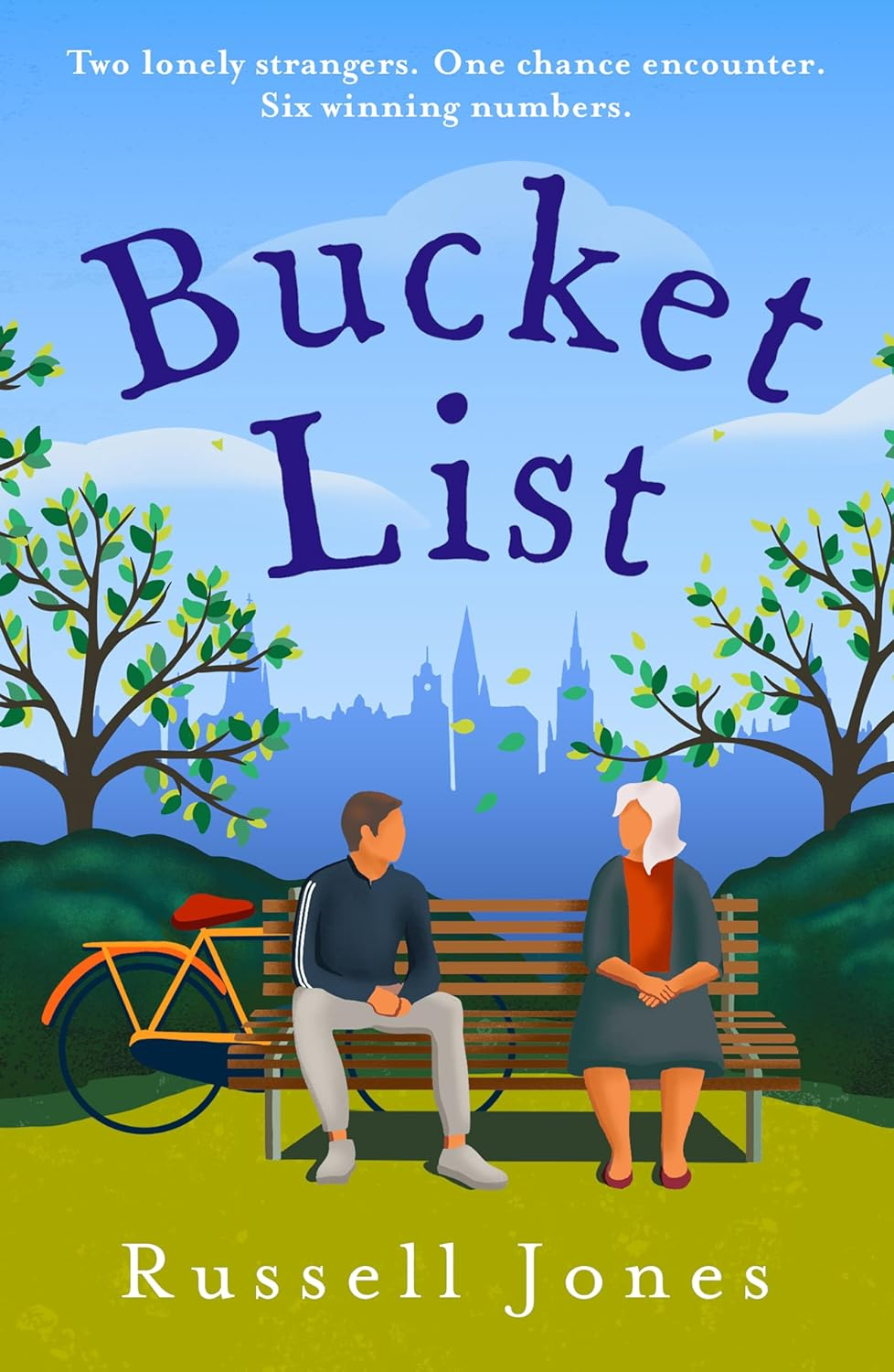 Cover of a book called Bucket List by Russell Jones. 
Two lonely strangers. One chance Encounter. Six winning numbers. 
Cover shows a male and a female sitting on a bench, they have no facial features. A bike leans against the back of the bench. 